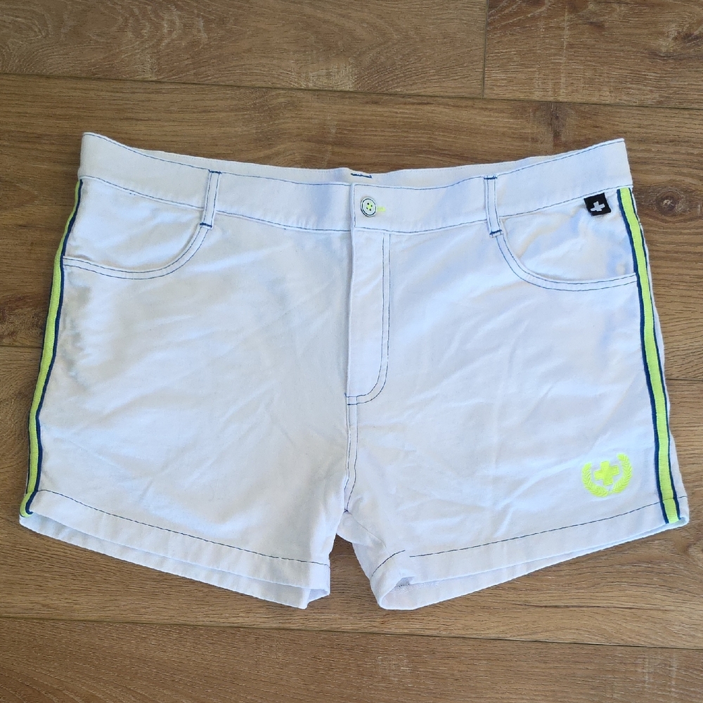 Andrew Christian White Men's Shorts with Neon Yellow & Navy Side Stripes